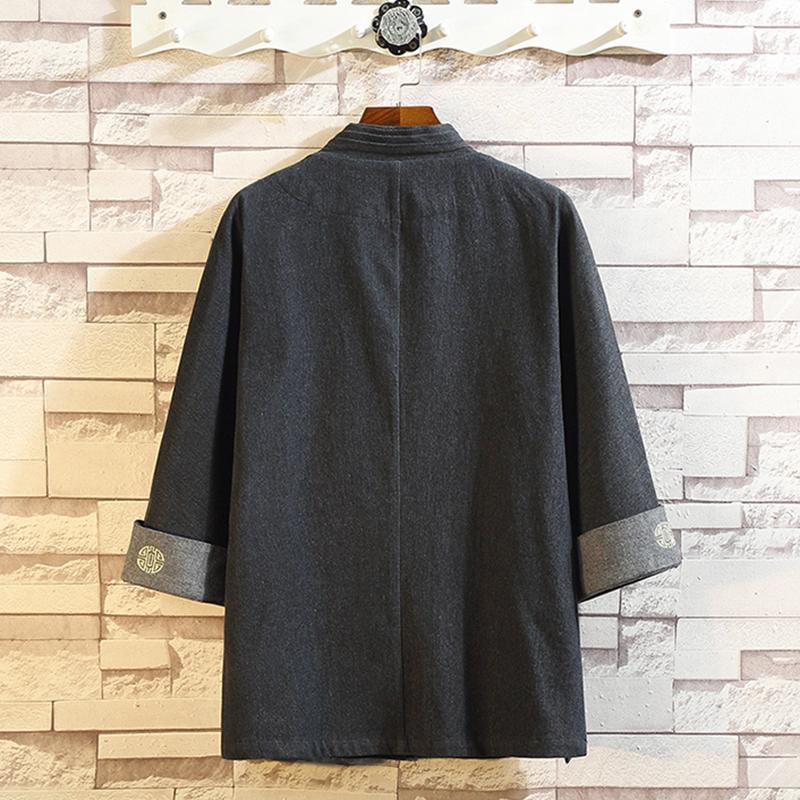 Chinese Style Tang Suit Denim Jacket Ancient Men Clothing Improved Han Japanese Kimono Cardigan Feather Weaving Robe Spring Men's Jackets