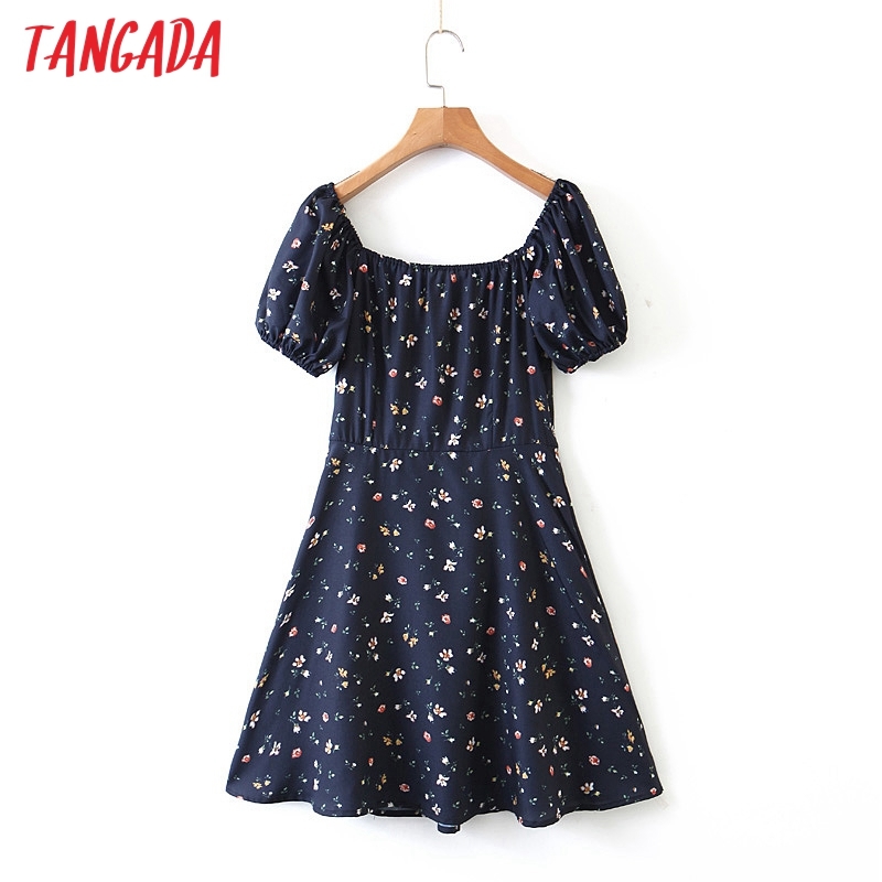 Women Flowers Print Summer Puff Short Sleeve Buttons Ladies Mini Dress Vestidos 8M3 210416