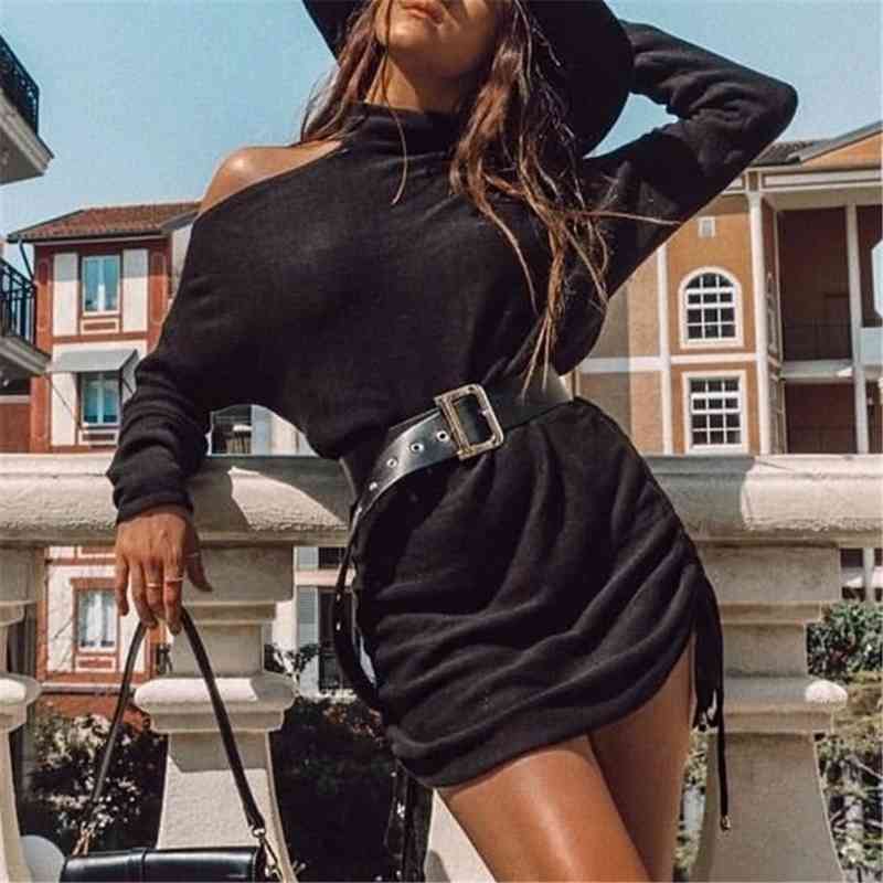 Elegant Women Asymmetric Hollow Out Dresses Fashion Ladies Black Mini Draped Dress Sexy Female Chic Knitted Vestidos 210430