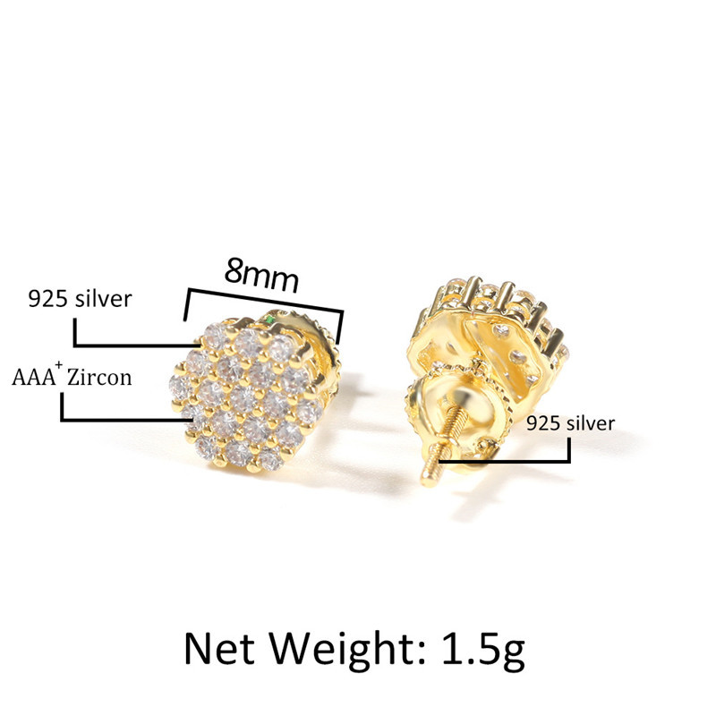 Europe and America Fashion Earrings Gold Plated Full CZ 925 Silver Earrings Studs for Men Women Nice Gift