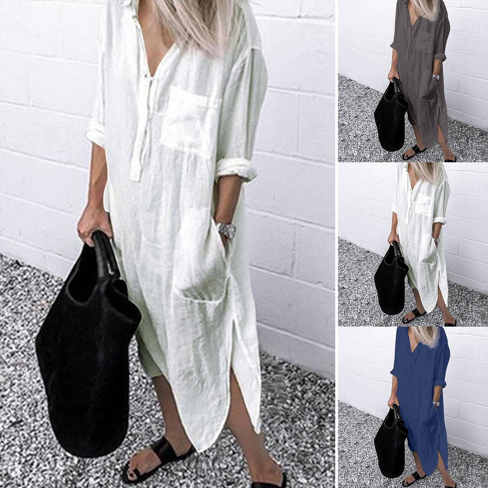 long summer linen sundress women dress v neck solid color slit pocket button shirt loose holiday beach party, Black;gray
long summer linen sundress women dress v neck solid color slit pocket button shirt loose holiday beach party, Black;gray