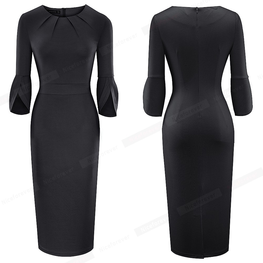 Nice-Forever Solid Color Elegant WorkDresses Business Party Bodycon Fitted Formal Women Dress B601 210331