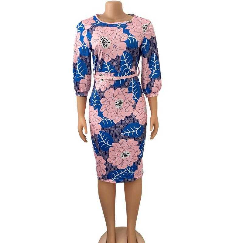 Women Bodycon Printed Dress Three Quarter Sleeves Midi Office Ladies Work Wear Elegant Classy Vestidos African Female Plus Size 210623