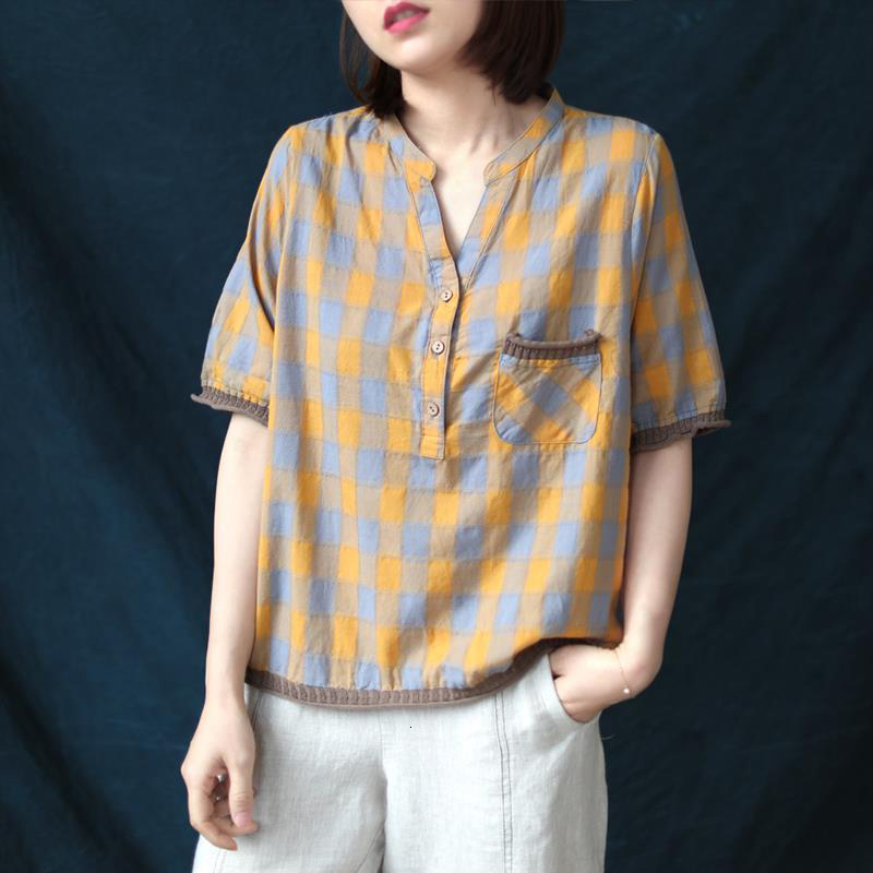 Women's Blouses & Shirts 2020 Summer Arts Style Women Short Sleeve Casual V-neck Shirts Cotton Linen Plaid Vintage Blouse Loose T, Blue
Women's Blouses & Shirts 2020 Summer Arts Style Women Short Sleeve Casual V-neck Shirts Cotton Linen Plaid Vintage Blouse Loose T, Blue