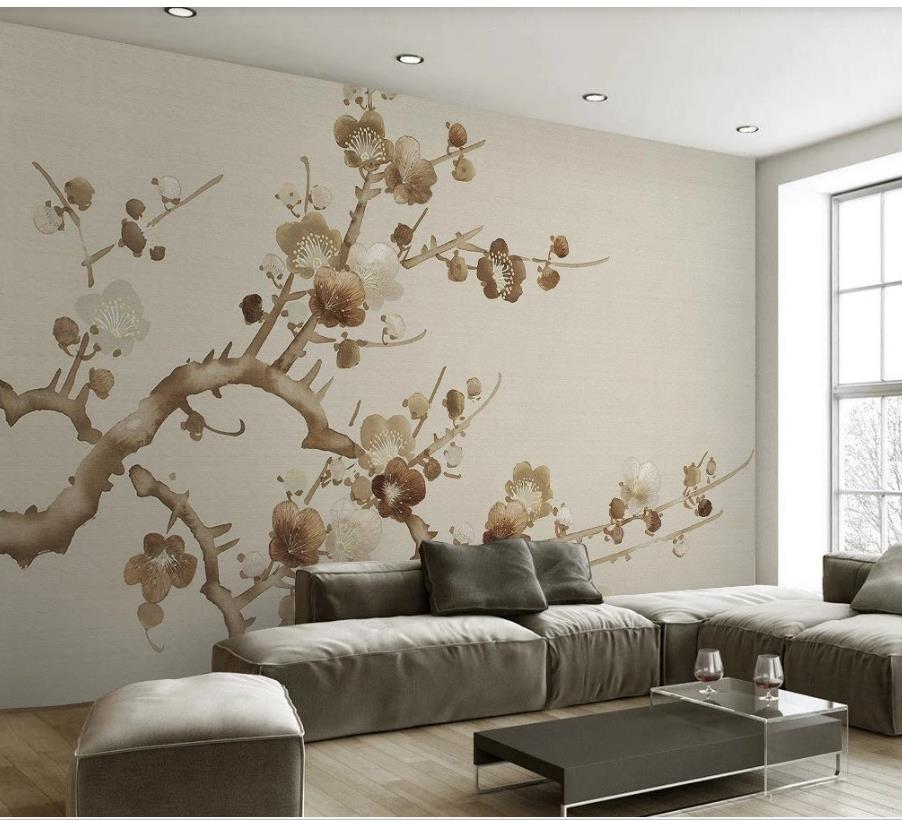 New 3d customized wallpaper simple new Chinese style hand-painted flowers and birds Chinese style TV background wall