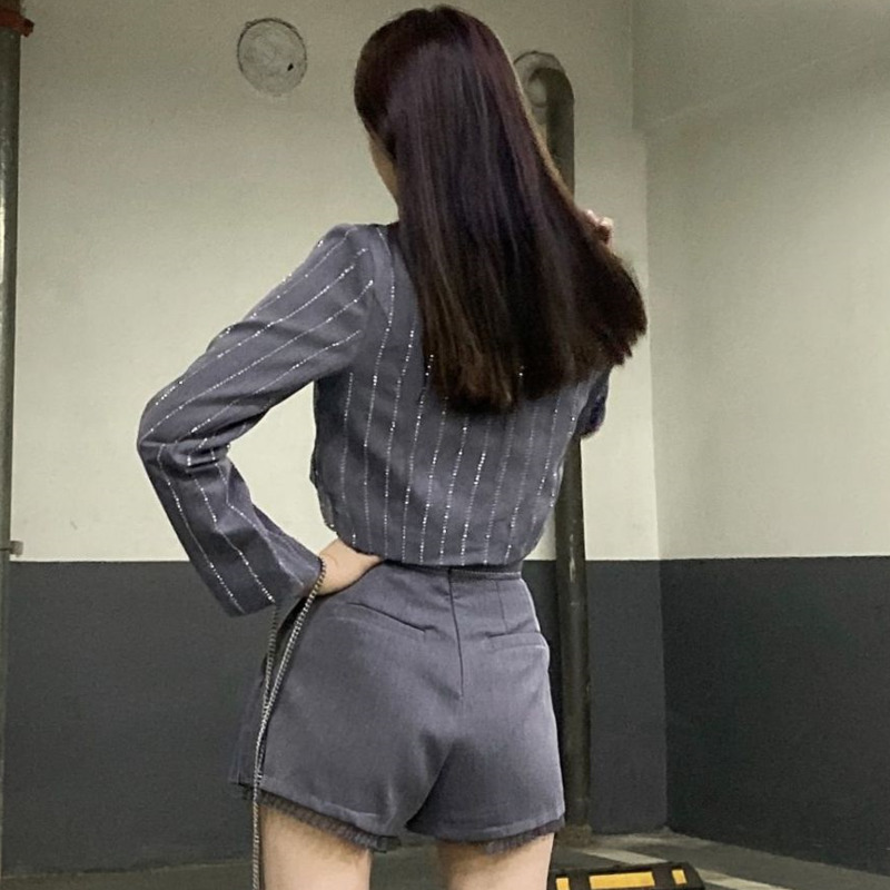 [DEAT] Single Button Gray Striped Top Hot Drilling Shorts Suit High Waist Pleated Trouser Skirt Y2k Clothes Spring GX327 210428