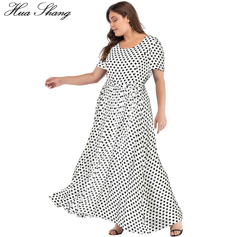 Plus Size Dress Women Summer Short Sleeve Polka Dot Print Boho Beach Dresses Belted Ladies Tunic Loose Oversized Maxi Long Dress 210409