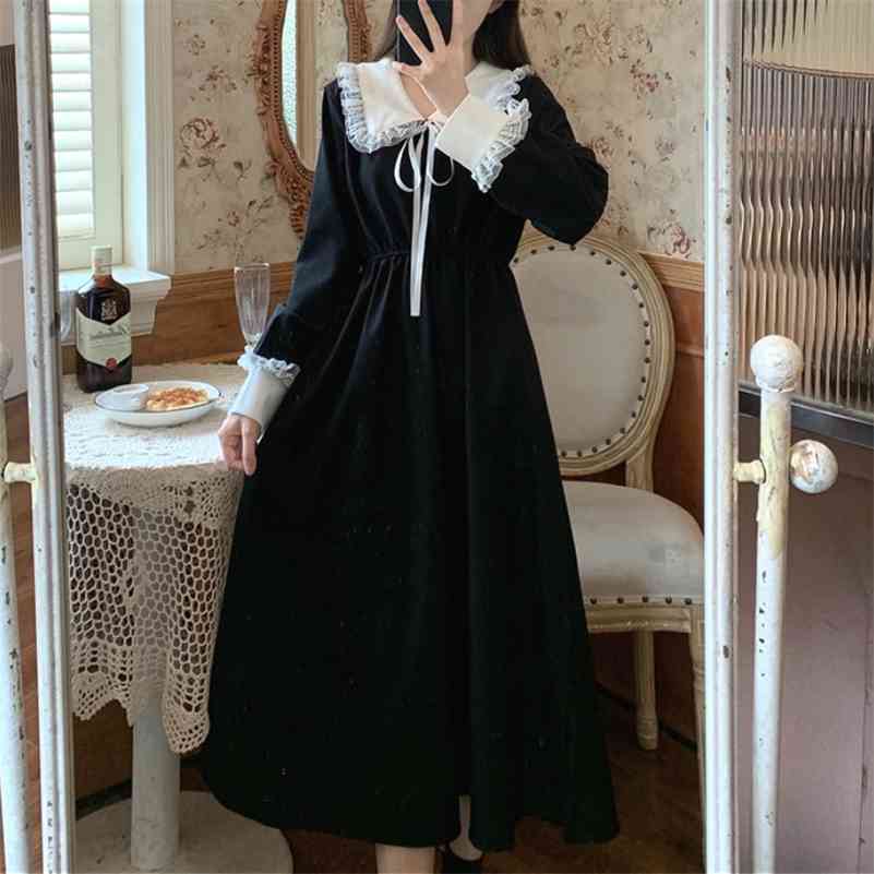 Vintage Dress Women Sweet Lace Peter Pan Collar French Elegant Long Sleeve Lace-Up Fairy Dress Korean Spring Chic 210521