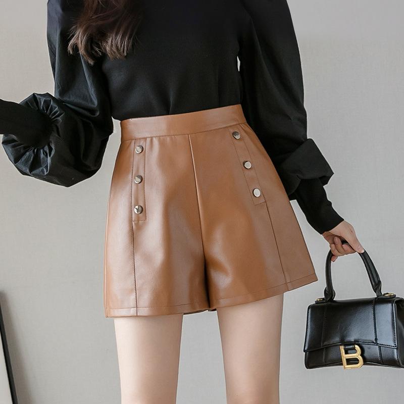 Double Breasted Pu Leather Shorts Femme High Waist Wide Leg Women Autumn Winter Casual Black Women's