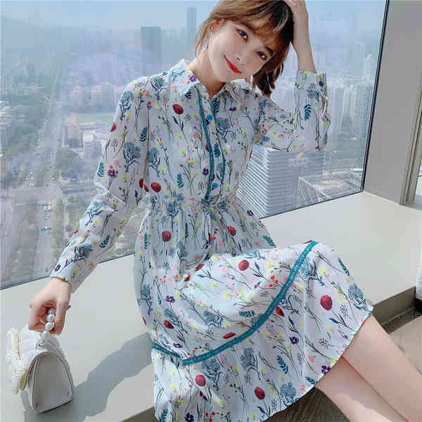 Spring Elegant Women High Waist A Line Dress Vestidos Vintage Fashion Flowers Turn Down Collar Long Sleeve Chiffon Party Dress 210518