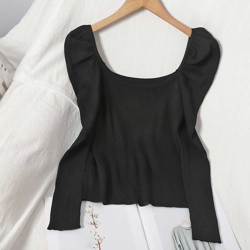 Korobov Preppy Style Sweet Women Puff Sleeve Sweaters Pullovers Chic Sueter Mujer Korean Elegant Square Collar Jumper 210914