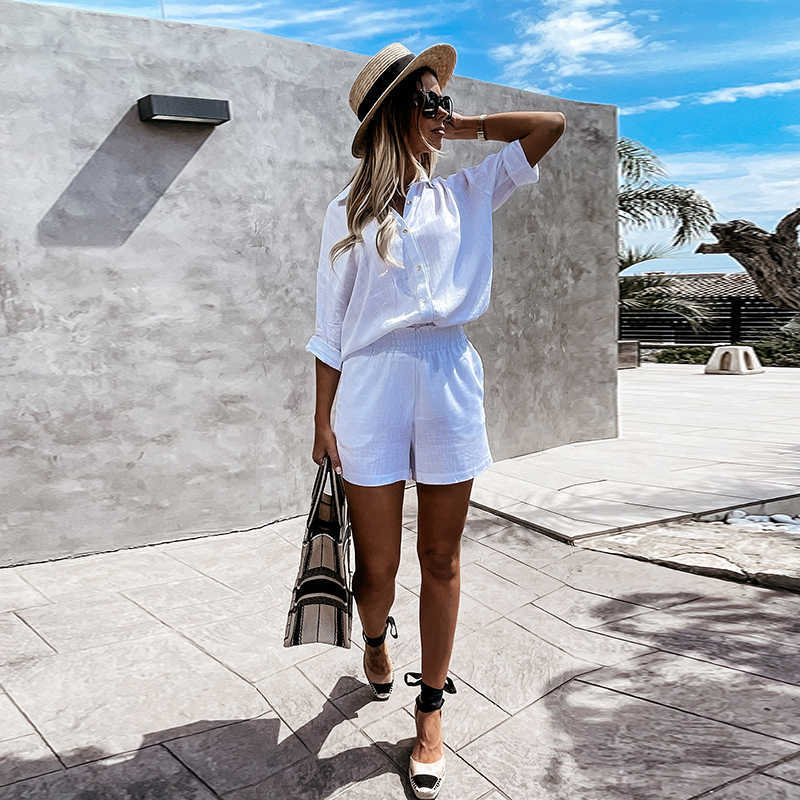 Moarcho Casual Summer Shorts Pure Color Elastic Waist Loose Home Leisure All-Match Office Pockets Arrival 210714