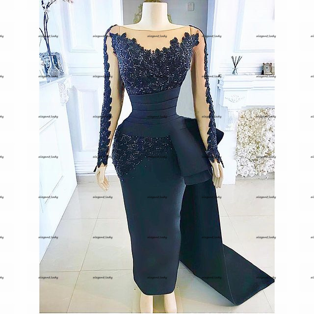 Navy Blue Long Sleeve Prom Formal Dresses 2022 Lace Stain Peplum Side Train Arabic Aso Ebi Lace African Evening Dress Robes