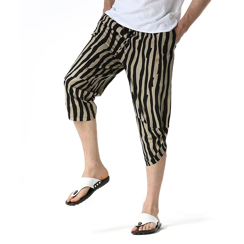 Striped Mens Trousers Linen Calf-Length Print Pants Men Hawaiian Baggy Harem Casual Breathable Harajuku Streetwear Men's