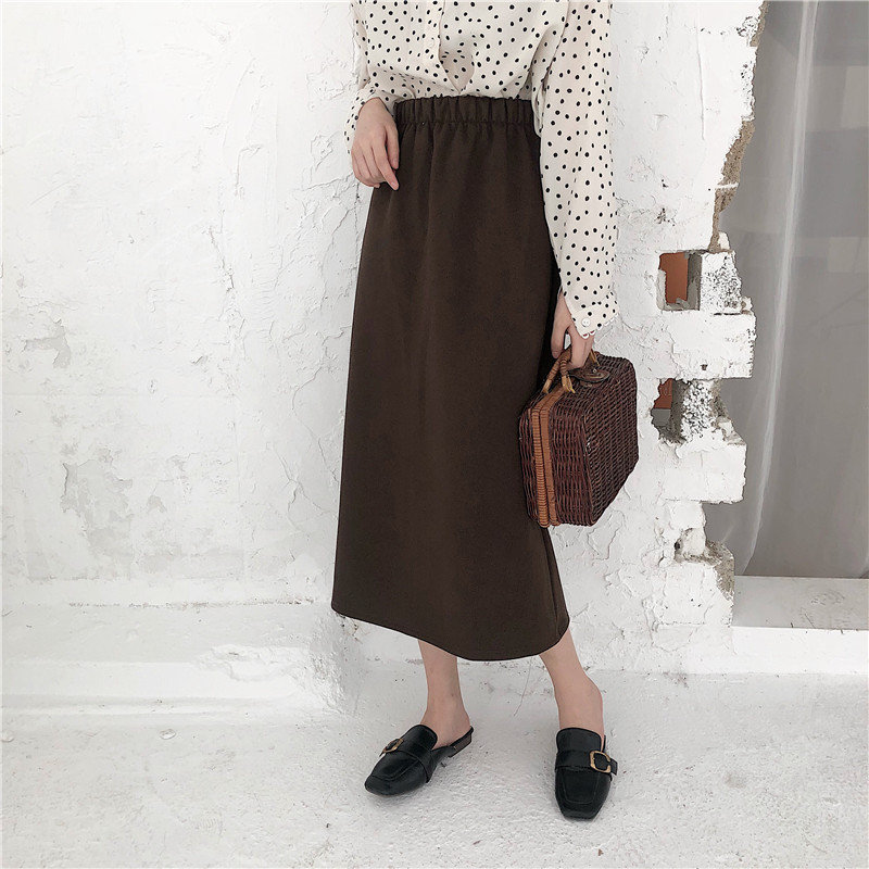 Korean Streetwear Solid A-Line OL Elegant Woolen Vintage Women High Waist Retro Skirt Female Long Skirts 210421
