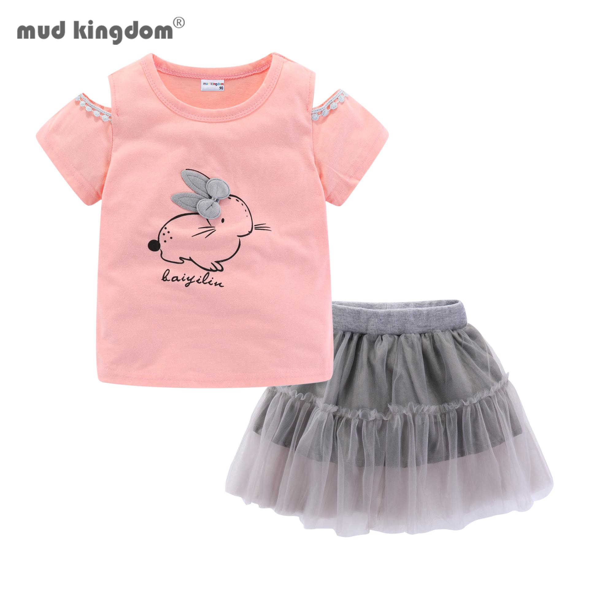 Mudkingdom Little Girls Tulle Skirt Set Cute Bunny Prints Summer Outfits for Cartoon Print Rabbit Kids Clothes 210615