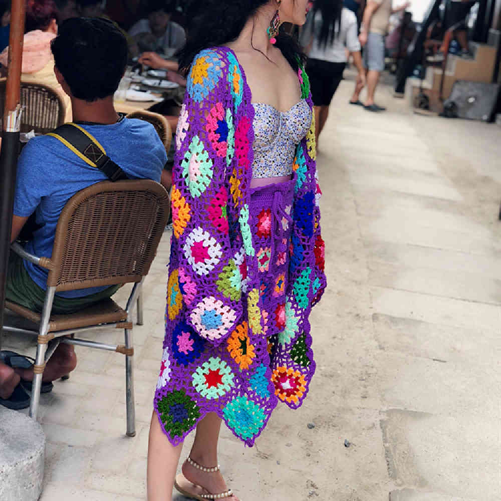 Handmade Crochet Beach Cover Up Sexy Hollow Out Mesh Knitted Tunic Swimsuit Coverup Womens Sarong Robe De Plage A442 210420