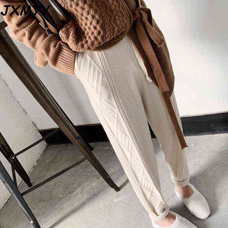 JXMYY Winter Thicken Women Harem Pants Casual Drawstring Twisted Knitted Femme Chic Warm Female Sweater Trousers 211124Z
