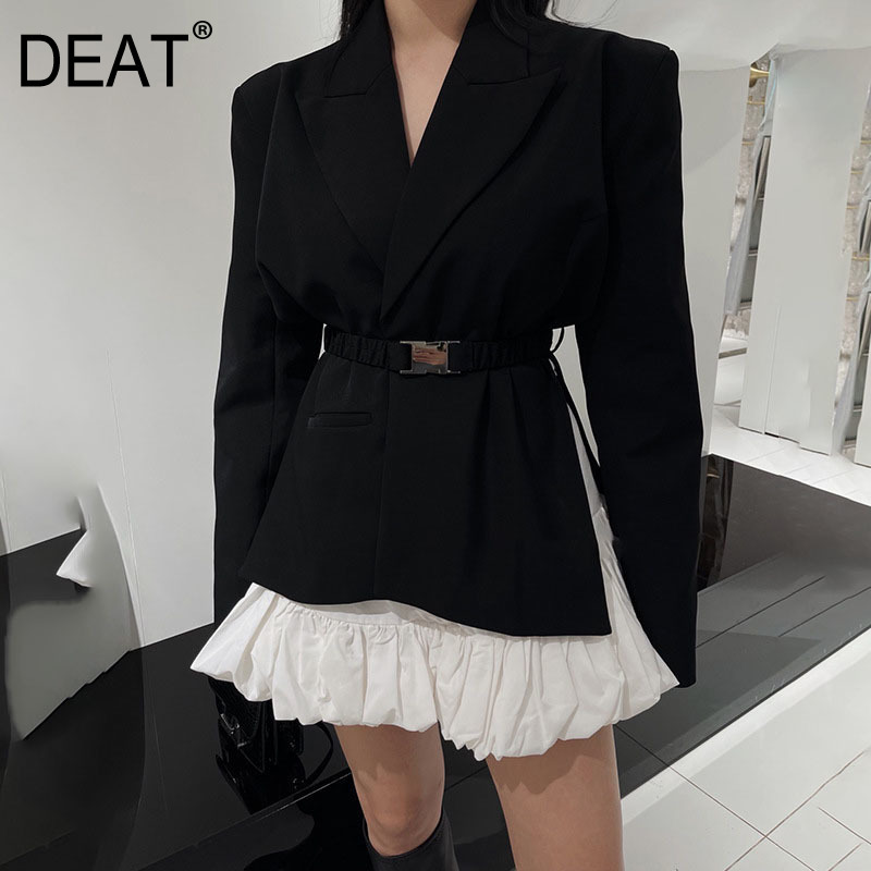 [DEAT] Notched Collar Solid Color Side Split Cut Belt Irregular Suit Coat Temperament British Style Suit Spring GX659 210428