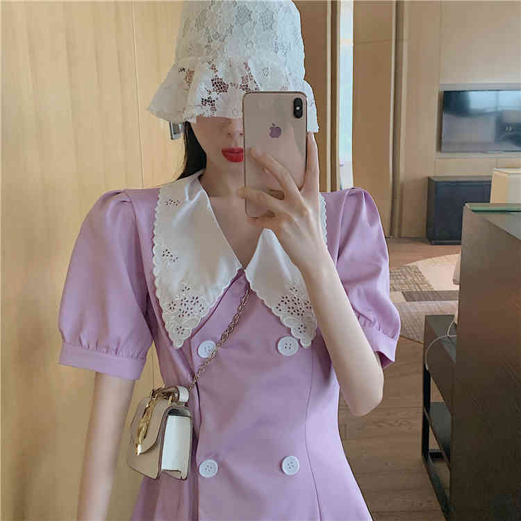 Summer Women Purple Dress Turn down collar Short Sleeves Double-breasted Mini Vestidos Office Lady Wearing 210519