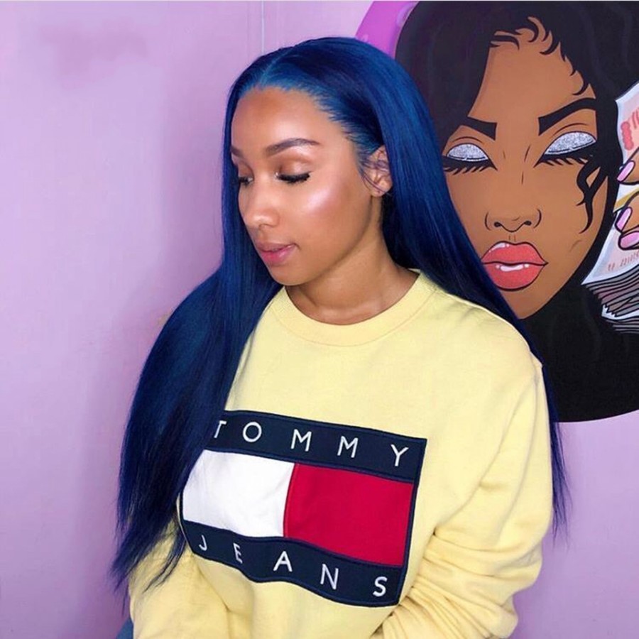 Synthetic Lace Front Simulation Human Hair Wigs Dark Blue Color 180% Density Long Straight Pre Plucked Wig For Women Cosplay