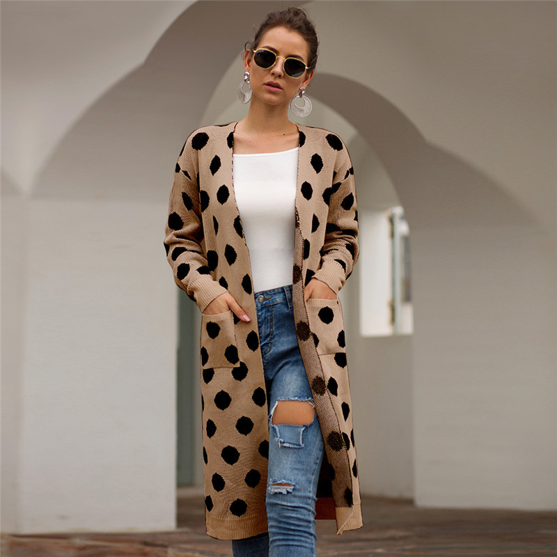 Women Sweaters Jacket Winter Knitted Cashmere Long Cardigan Sleeve White Warm Polka Dot Sweater 210428