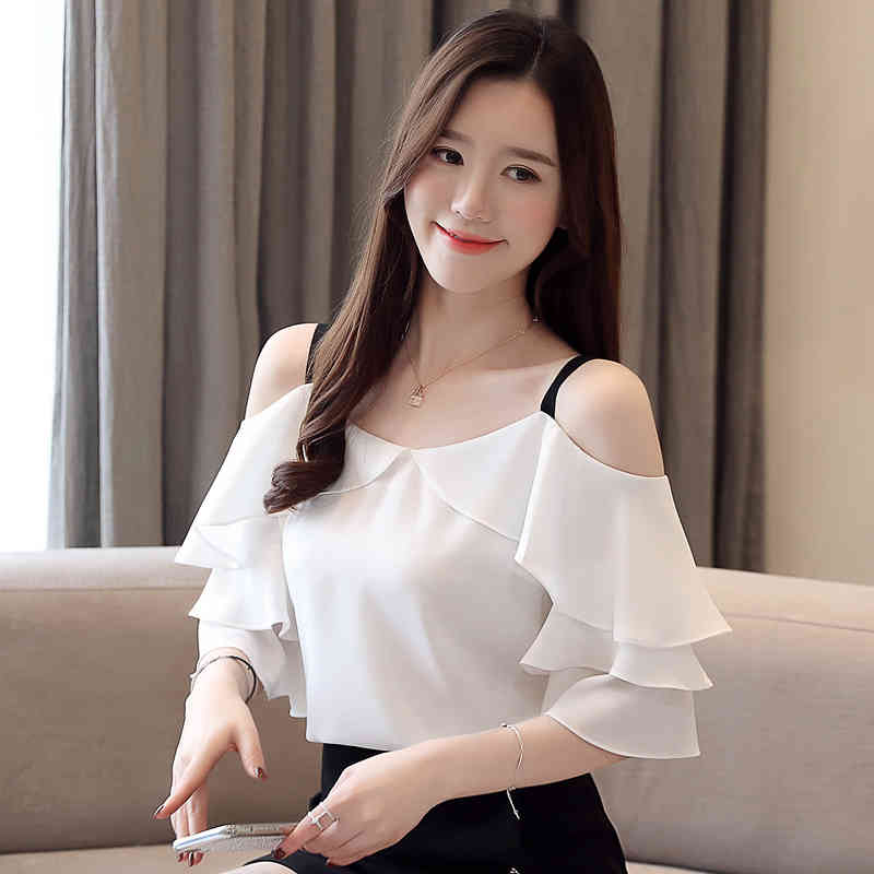 fashion woman blouses short sleeve women shirts white chiffon blouse shirt tops slash neck off shoulder top 3571 50 210506