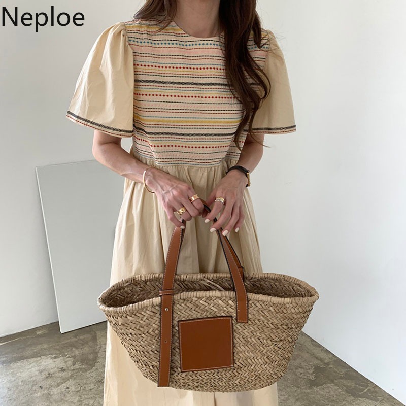 Neploe Women's Summer Dress Retro Heavy Embroidered Puff Sleeve High Waist Loose Vestidos Korean O Neck Temperament Dresses 210422
