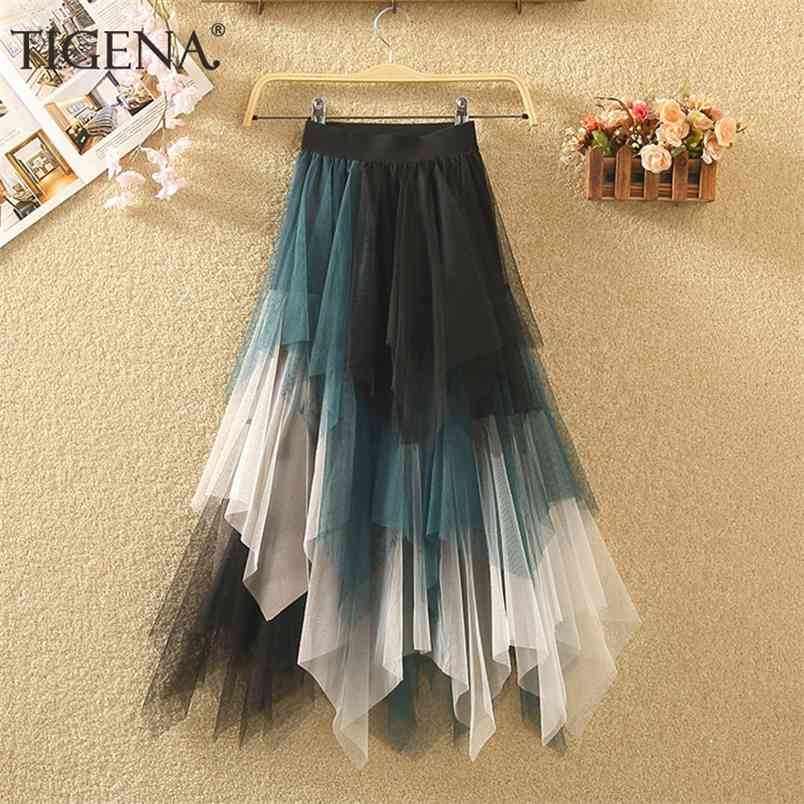 TIGENA Long Tutu Tulle Skirt Women Fashion Summer Korean Irregular Contrast Color High Waist Pleated Maxi Skirt Female 210408