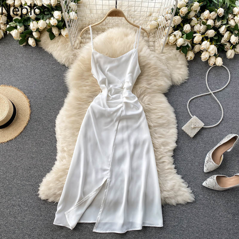 Neploe Ladies Dress Summer Temperament Fold Slim Suspender Dresses Solid Color Slim Fit High Waist Robe Fashion Split Vestidos 210422