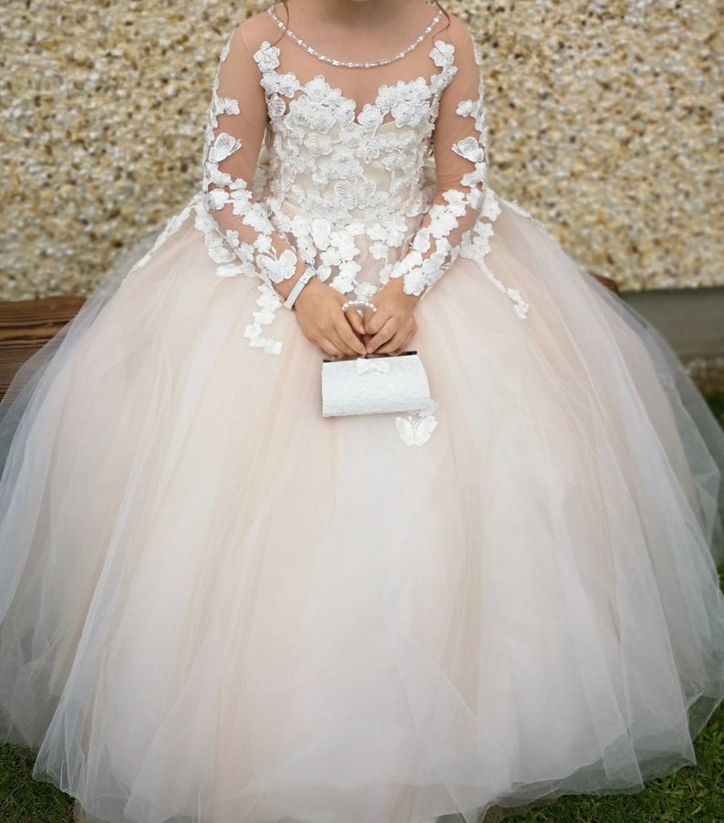 Lovely Lace Flower Girls Dress 3D Floral Appliques Children Birthday Party Dresses Ball Gown Wedding Prom Formal Wear
