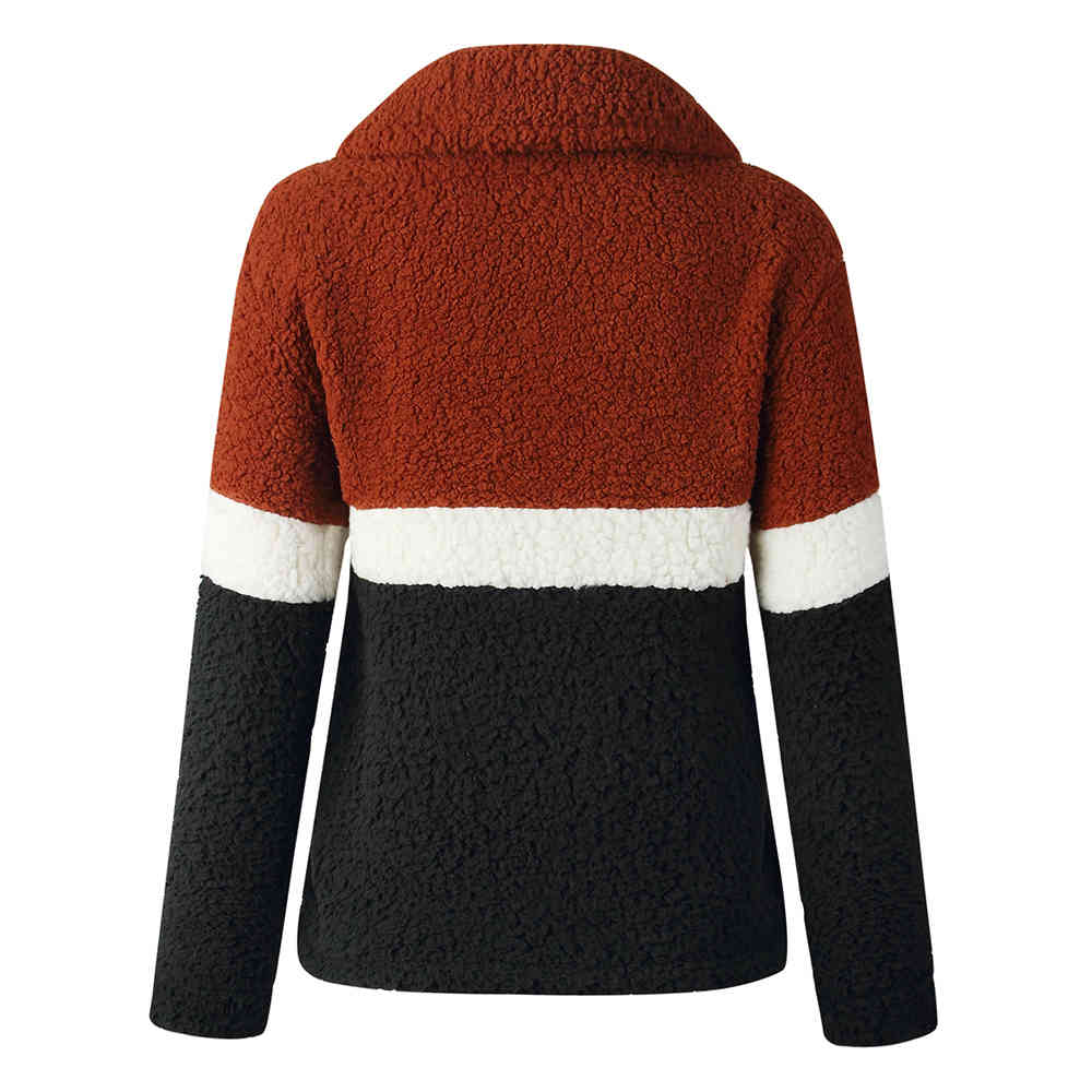 Color Block Warm Thick Faux Fur Zipper Hoodies Caual Pockets Teddy Jacket Elegant Coat Fashion Patchwork Outwear 210428