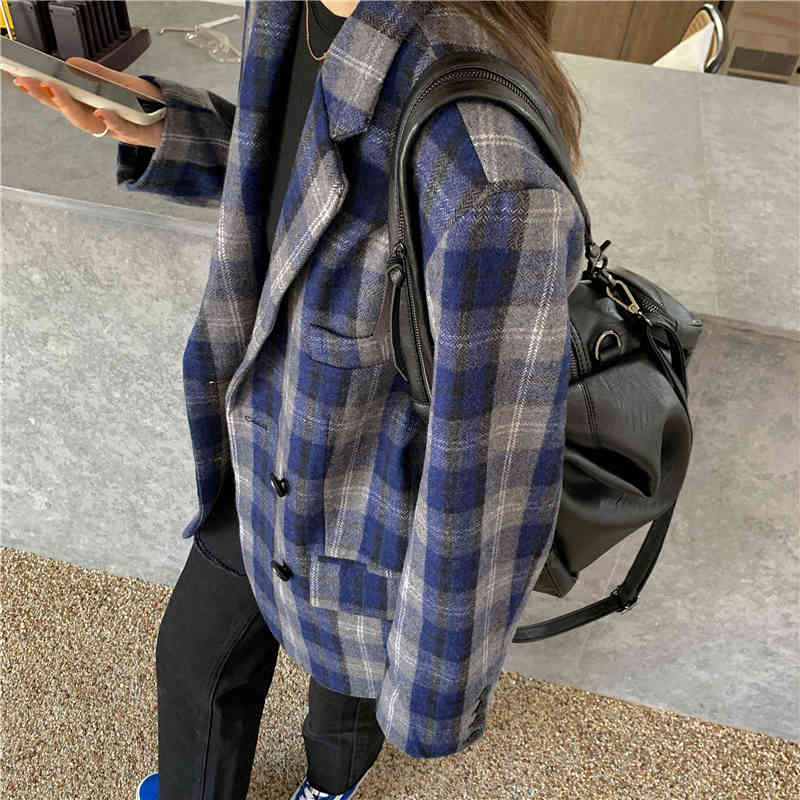OL Notched Vintage Elegant Casual Plaid Woolen Blazer Jacket Autumn Winter Tops Women Blazers Loose Suit Coat Female 210421