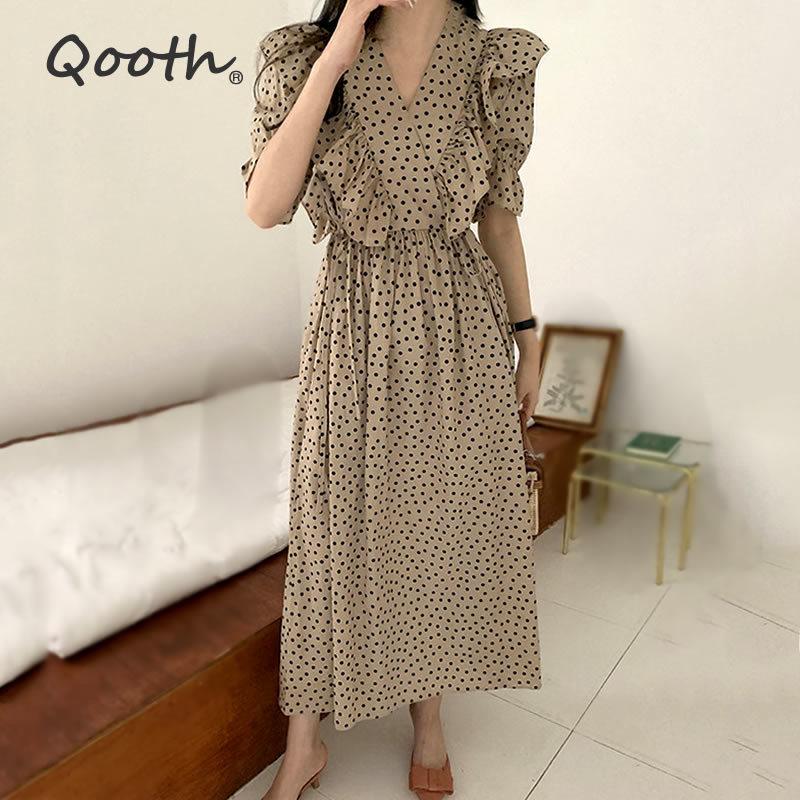 Qooth Retro Cross Ruffle Stitching Dress V-Neck High Waist Large Swing Chiffon Dress Dot Patten Ruffle Sleeve Sweet Dress QT612 210518, Khaki
Qooth Retro Cross Ruffle Stitching Dress V-Neck High Waist Large Swing Chiffon Dress Dot Patten Ruffle Sleeve Sweet Dress QT612 210518, Khaki