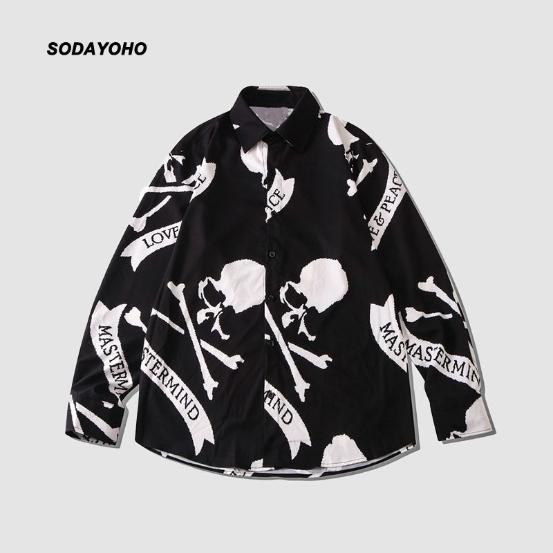 Sodayoho brand MMJ Dark Skull silk print long sleeve shirt loose casual men's and women's fashion, White;black
Sodayoho brand MMJ Dark Skull silk print long sleeve shirt loose casual men's and women's fashion, White;black