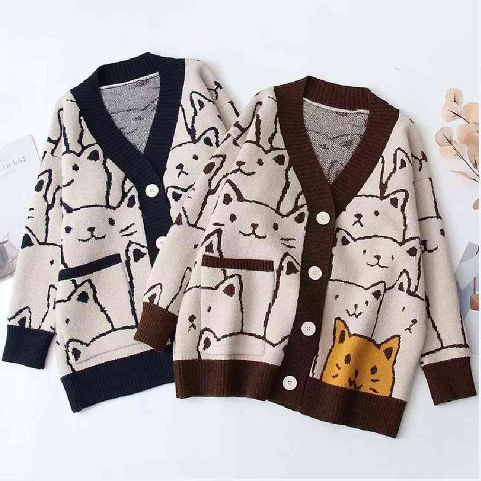 Fashion Cartoon V-neck Cardigan Sweater Women Autumn Winter Cute Cat Retro Professional Long-sleeved Knitted Coat 211117