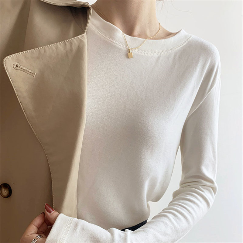 Stylish Solid Slim All Match Large Size Cotton Thicken Chic High Quality Tops Fashion Women Full Sleeves T-Shirts 210421