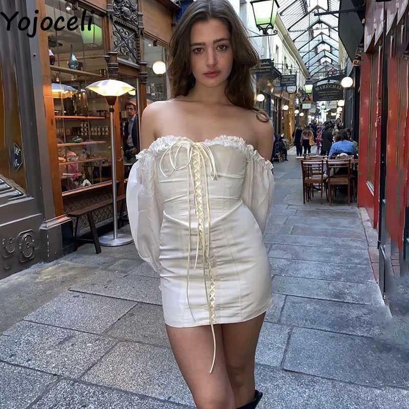 Yojoceli Elegant sexy lace up bodycon dres summer white short mini Casual beach cool vestidos 210609