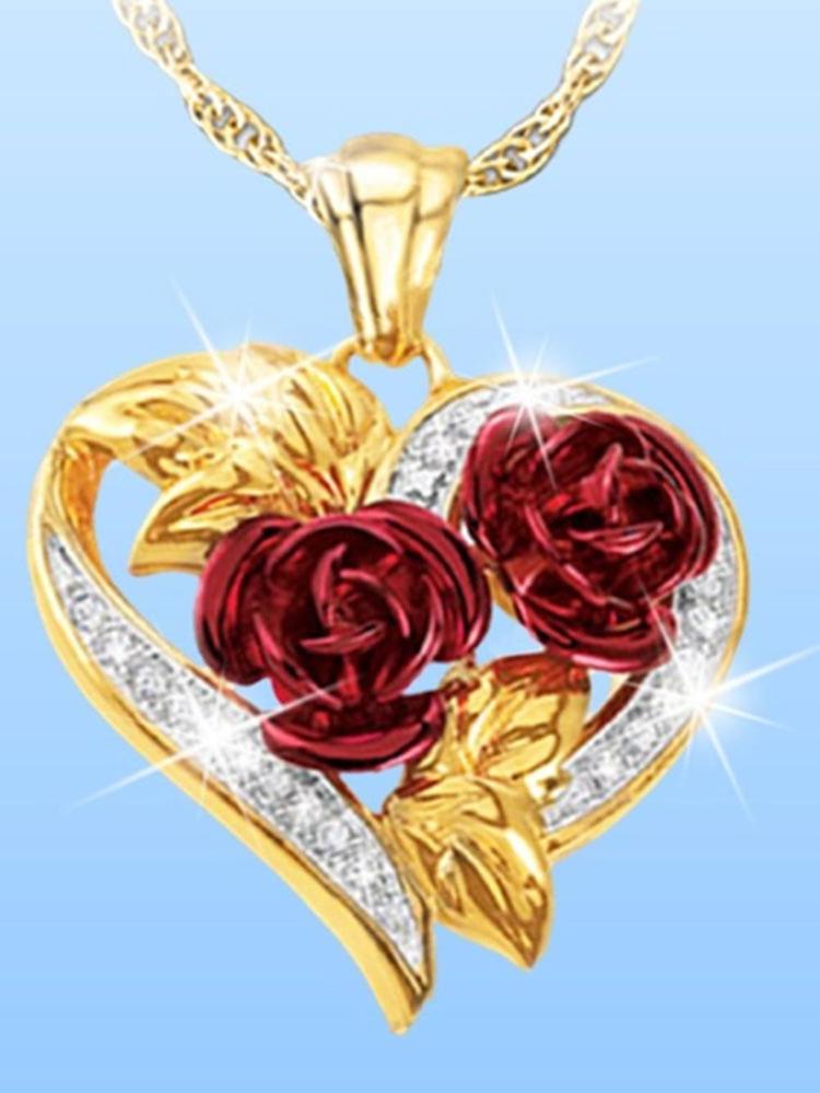 Love Rose Necklace Gold 3D Heart Shaped Pendant with Heart-Shaped Chain Necklace Rose Double