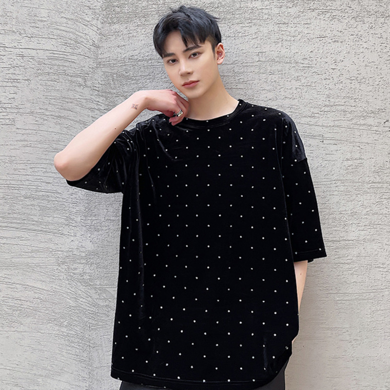 IEFB Men's Summer Black Velour Short Sleeve T-shirts Round Collar Drilling Dot Causal Tee Tops For Male 9Y7028 210524