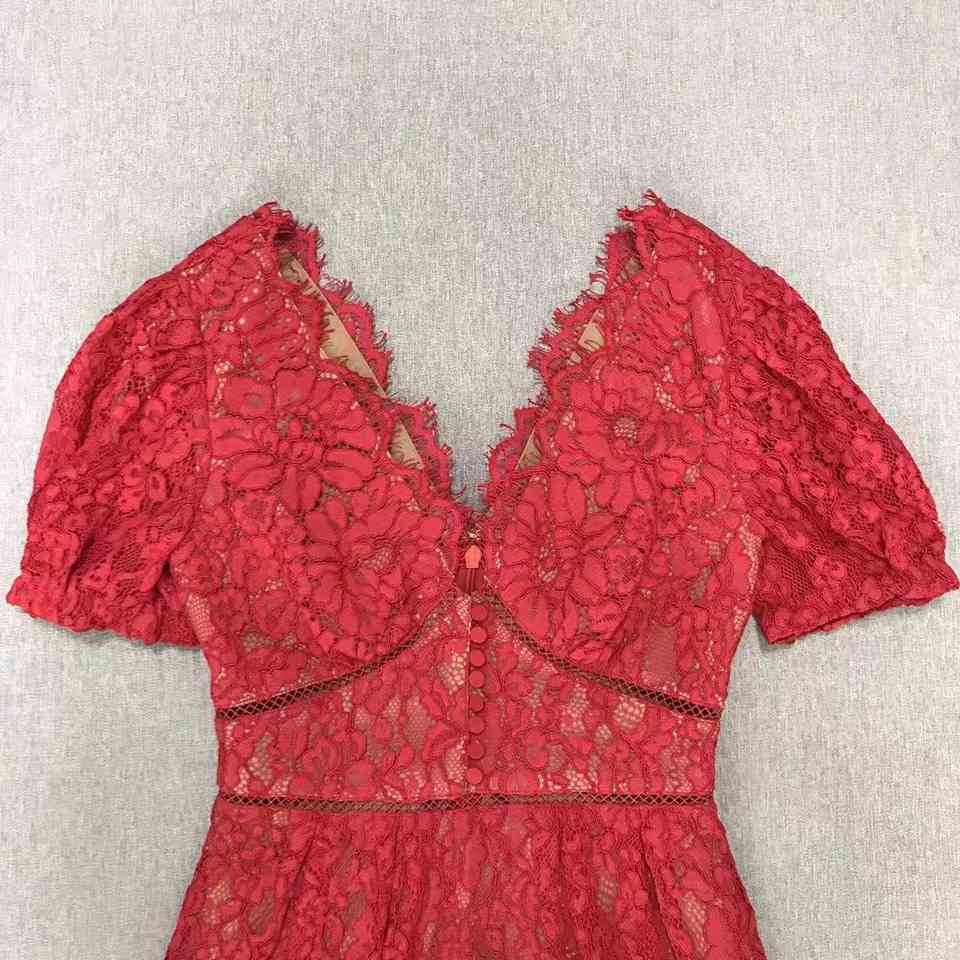 vintage party dress red Christmas mini dresses for women lace v-neck hollow out A-line summer holiday robe mujer vestidos 210421