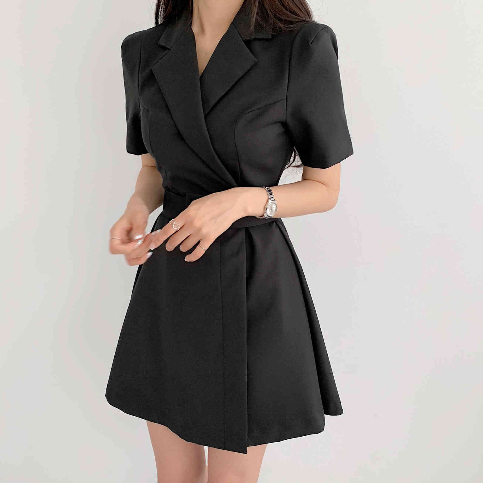 Elegant Notched Collar Blazer Mini Dress With Sashes Summer Ladies Short Sleeve A-Line Party Dresses Female 210519