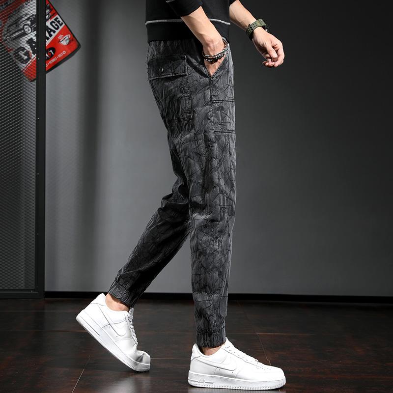 Trousers Fashion Pleated Pattern 2021 Korean Streetwear Men Slim Fit Stretch Pencil Pants Men's