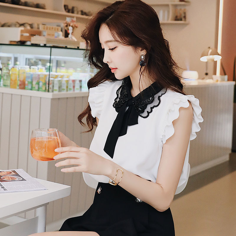 Dabuwawa Exclusive White Bow Neck Blouse Women Sleeveless Ruffle Shoulder Loose Shirts Tops Office Ladies Summer DO1BST013 210520