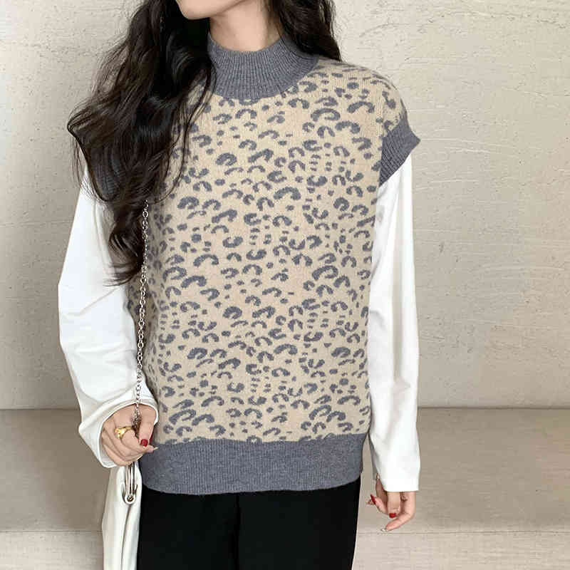 2 colors korean style small turtleneck leopard vest sweaters womens loose knitted sweaters and pullovers (C9870) 210423