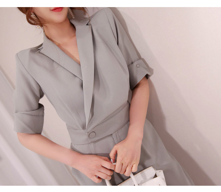 Summer Ladies Short Sleeve Solid Jumpsuits Elegant Fashion Notched Office Wear Casual Women Slim Overalls Rompers 210519