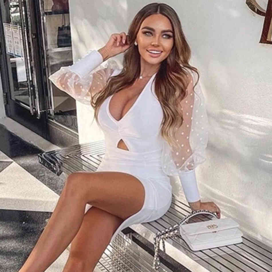 Free Women Elegant Bandage Dress Sexy V-neck Mesh Puff Sleeve Hollow Bodycon Midi Club Party Dresses Vestidos 210524