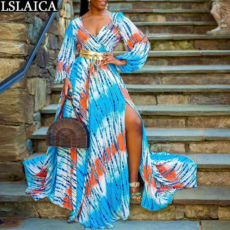 Tie Dye Woman Dress Long Sleeve V Neck High Waist Maxi Autumn Oversize Big Swing Sexy Split Plus Size Bobo No Belt 210515