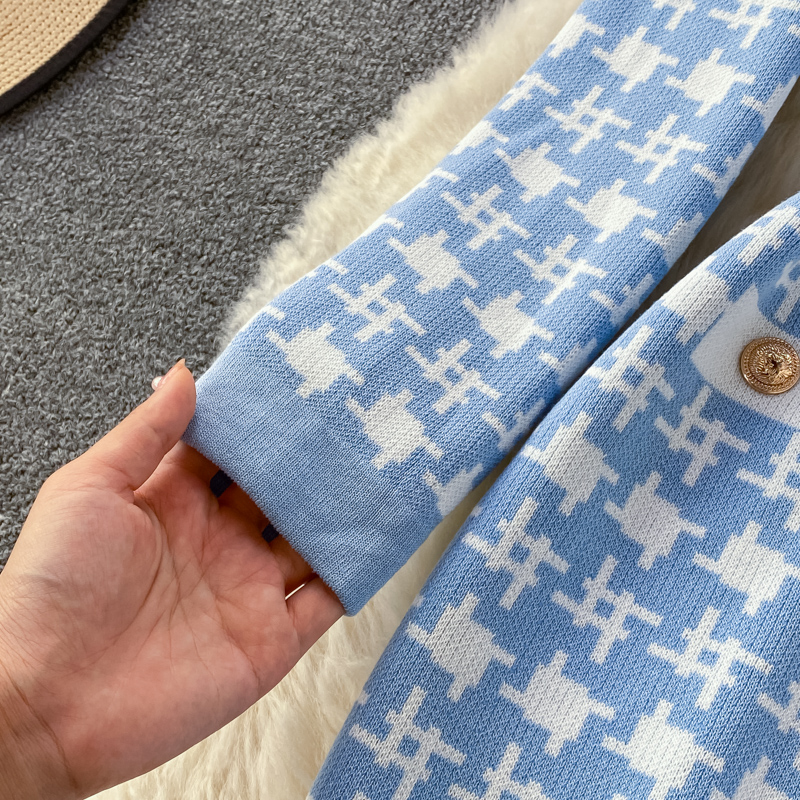 2021 Autumn winter new design womens o-neck long sleeve houndstooth grid knitted short dress