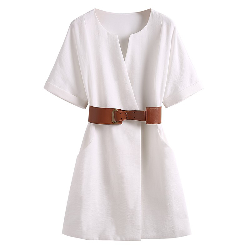 Summer Fashion European Station Women's Dress Wind Simple Short Sleeve V-neck Temperament With Belt 210506